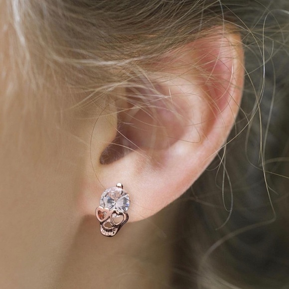 Earrings Skulls Rhinestone Hearts with Rose Gold Tone Studs Small Unisex - Picture 3 of 6
